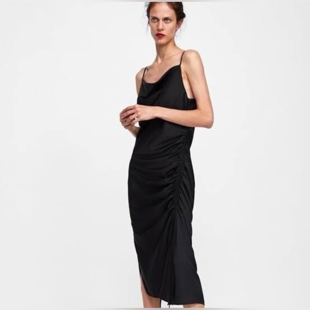 Zara Black Satin Midi Dress with Ruched Detail Size small #851
